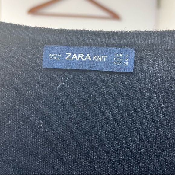 Zara Knit Women's Black Short Sleeve Sweater Sz M cropped casual work white trim - Picture 5 of 8